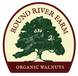 Round River Farm organic walnuts logo with a green tree illustration on a beige background